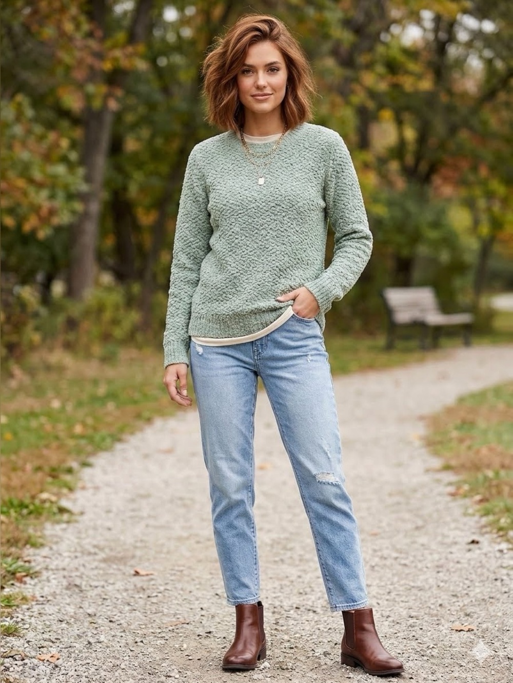 Zenana Outfitters Popcorn Knit Crewneck Sweater - Sage Green. DORM COMFORT